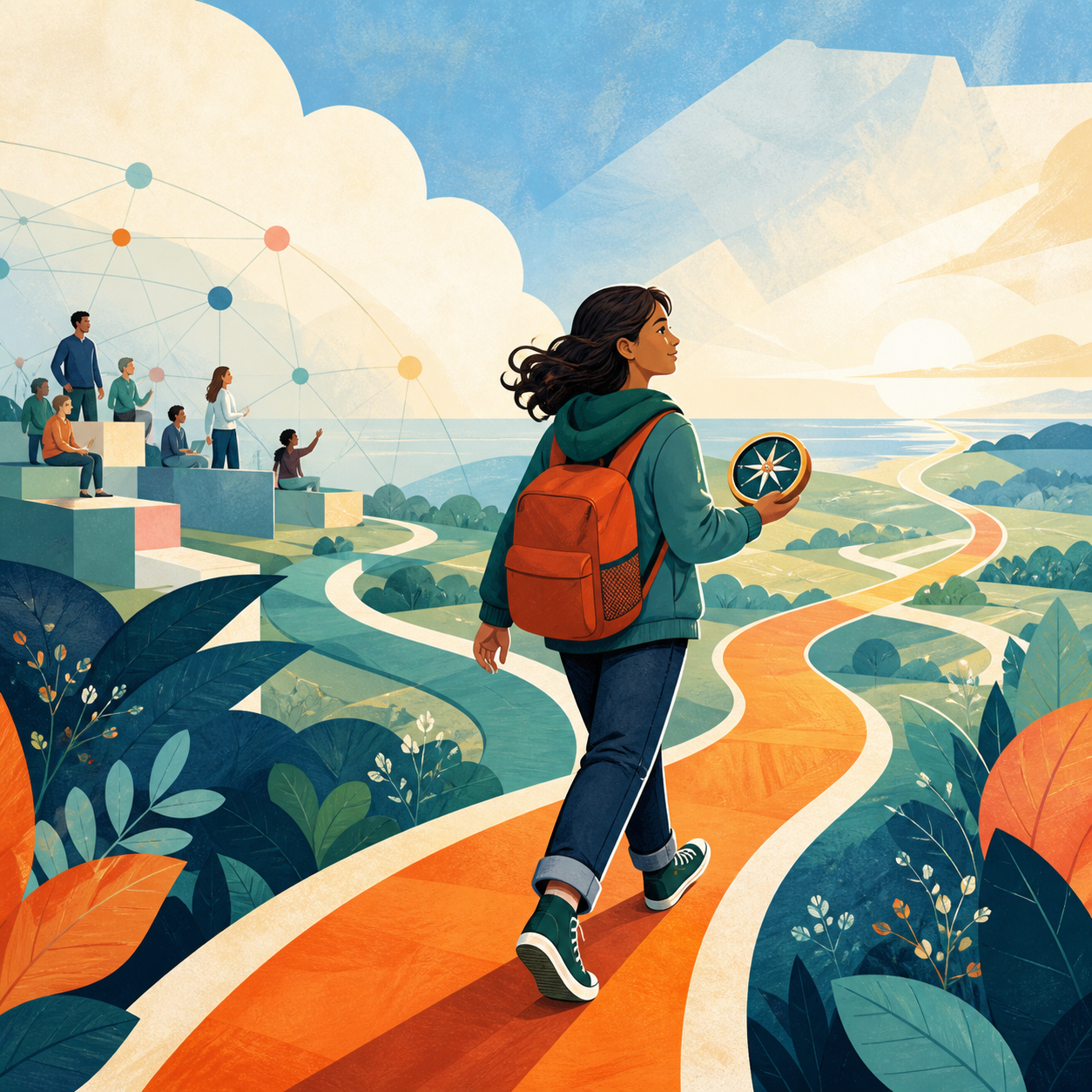 A confident young person choosing their own path through an open digital landscape