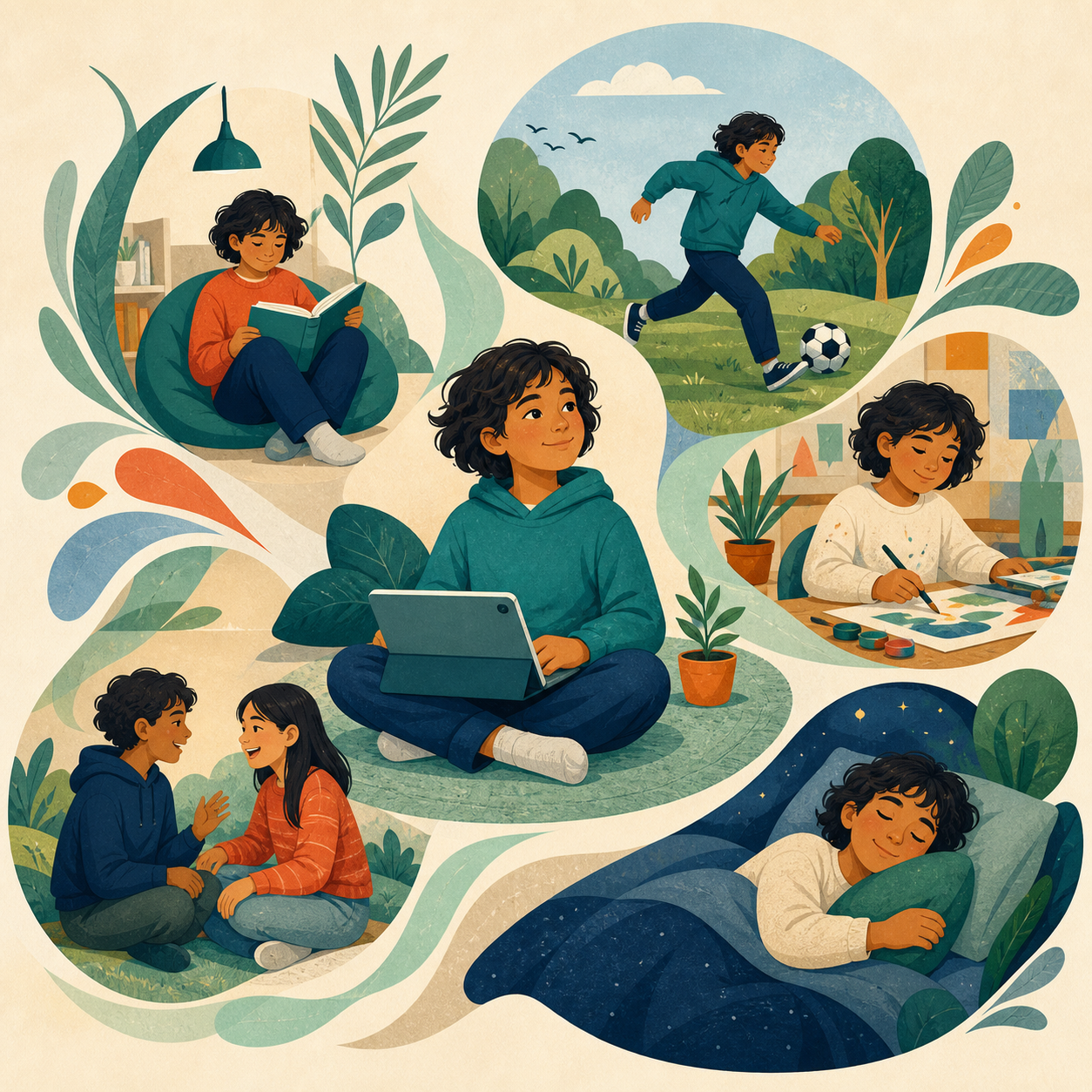 A balanced digital life combining learning, creativity, movement, friendship and rest