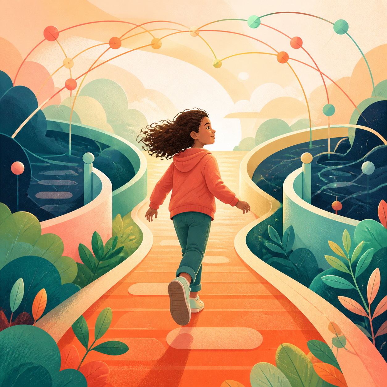 A child confidently exploring a digital landscape whose safe pathways are built into the environment