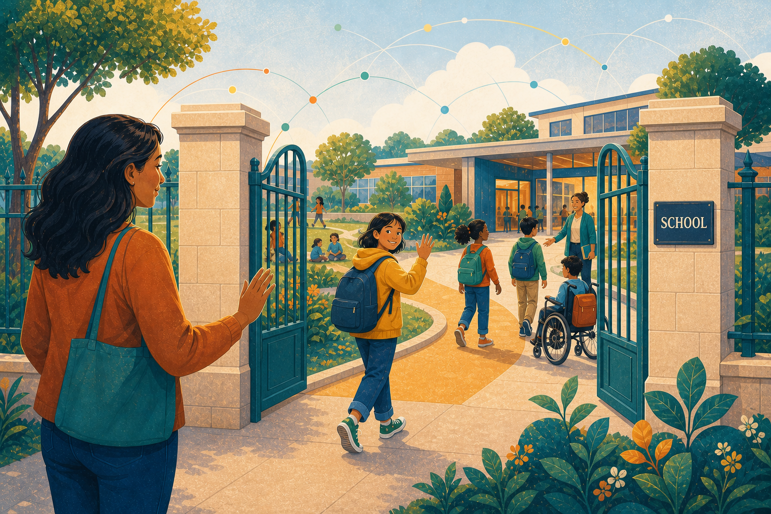 A parent waves goodbye at clearly marked, open school gates as her child enters a welcoming school, with a teacher, other children and an accessible path beyond the entrance.